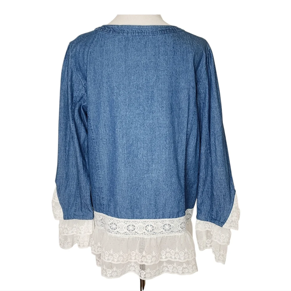 Unbranded denim jacket top blouse with lace trim front buttons 2 pockets sz lrg - Picture 4 of 14